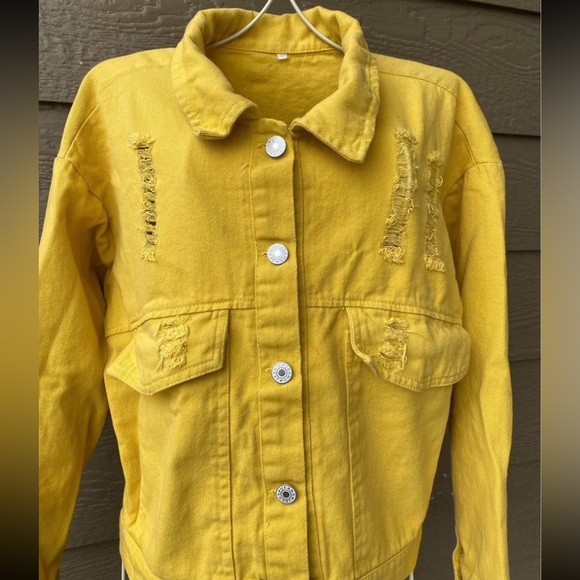 Women's Ripped Distressed Button-Up Denim Jacket Yellow Size XS - Picture 14 of 15